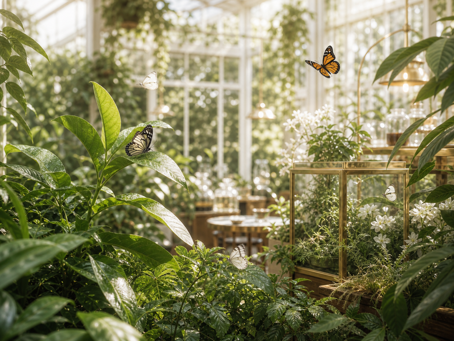 植物と蝶にやさしい温室カフェの空間