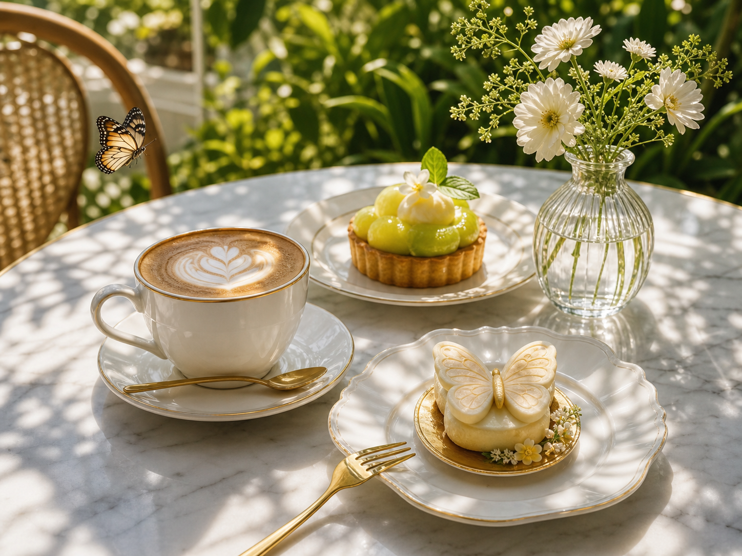 蝶をモチーフにしたケーキとラテ